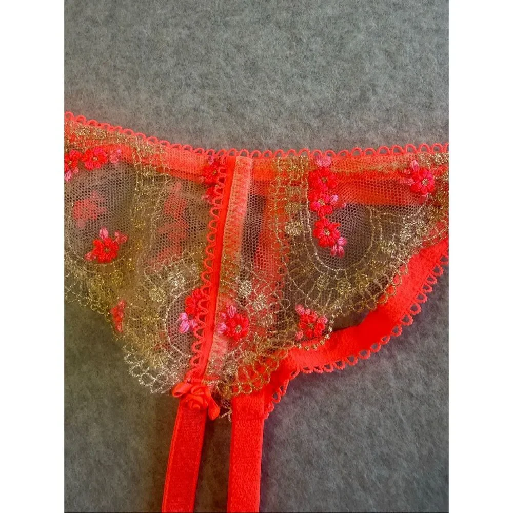 Victoria secret hot pink gold rose garter M/L